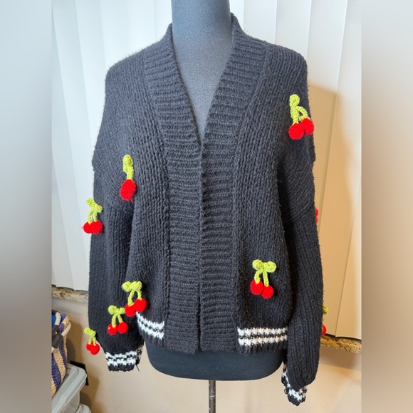 Maeve Anthropologie Black Cherry Appliqué Open-Front Women's Sweater One Size - Picture 2 of 10